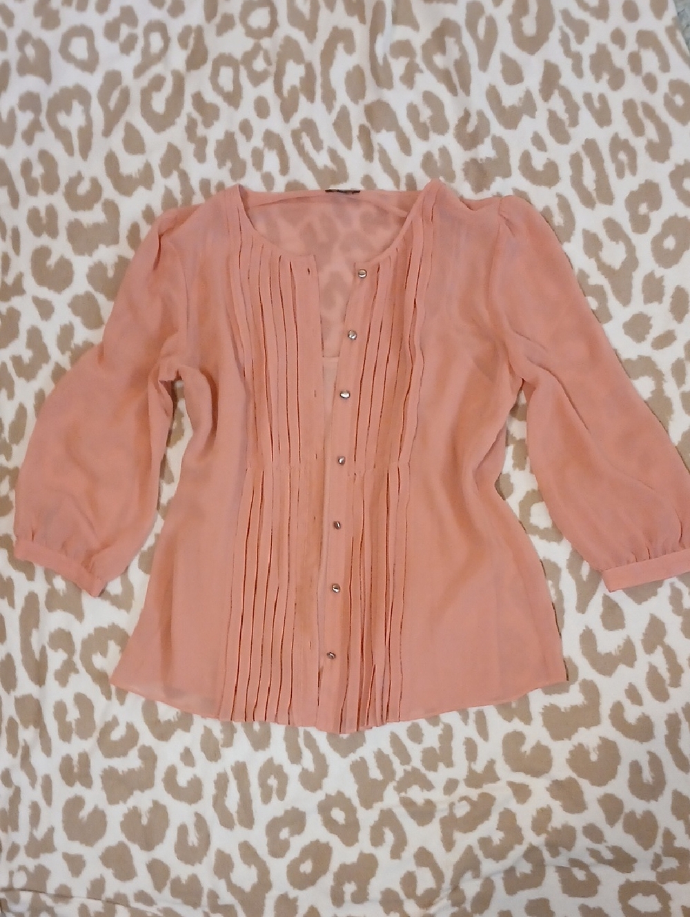 Pleated Front Peach Button-Down Blouse